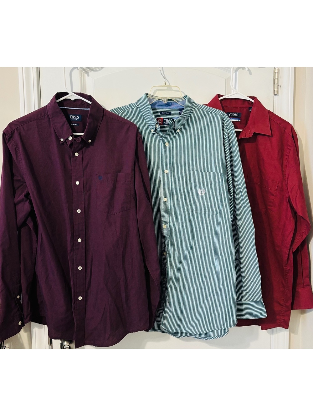 3 Chaps Easy Care Men’s Button-Down Long Sleeve Dress Shirts Plum Green Red